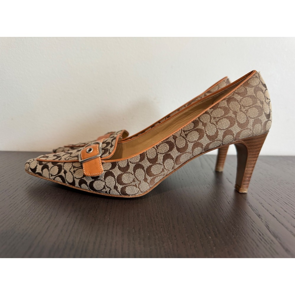 Coach Signature Monogram Pointed Toe Pumps Womens 9B Brown Buckle Detail Heels - Picture 2 of 10